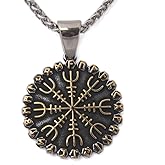 Viking Helm of Awe Pendant Necklace, Stainless Steel Chain, Norse Rune Symbol, Two-Tone Black and Gold Finish