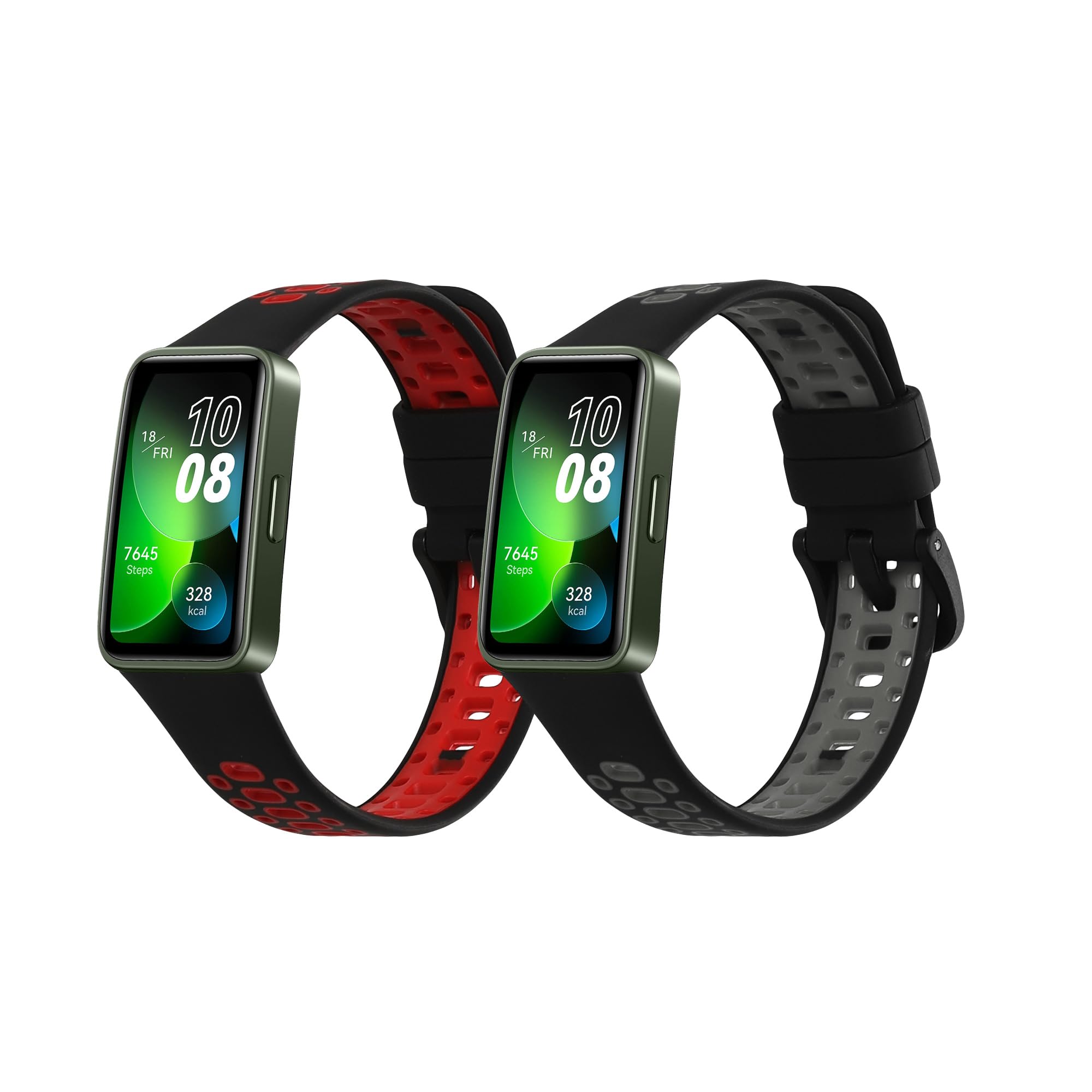 kwmobile 2x Straps for Huawei Band 10/9 / 8 Watch Strap - Silicone Replacement Watch Strap Set - Replacement Bands Black/Red/Black/Grey