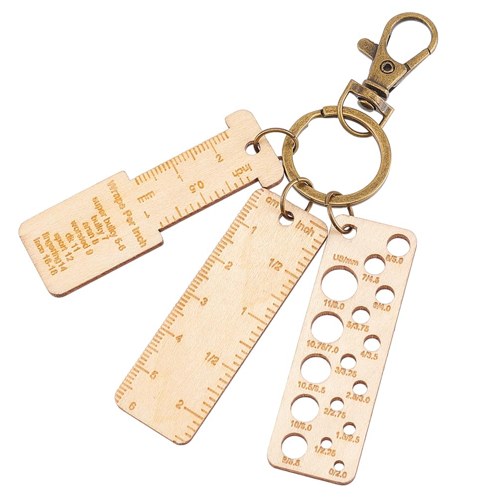 BENECREAT 3Pcs Mini Wooden Gauge Keychains, Knitting Needle Gauge, Yarn Wrap Guide Board, Multifunctional Ruler with Alloy Clasp for Crochet DIY Sewing