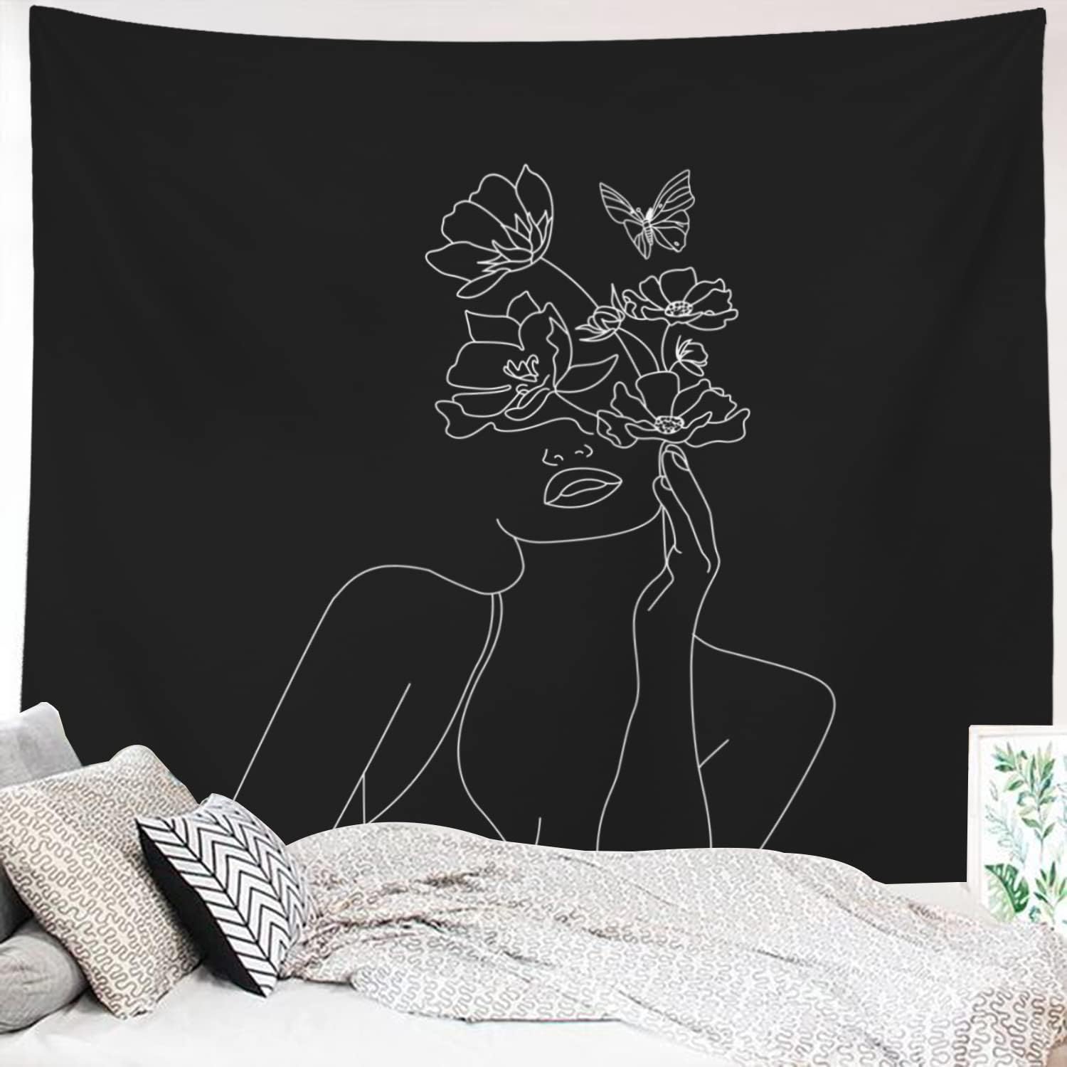 Tapestries - Miytal Art Line Aesthetic Black Tapestry, Simple Women with Flower Butterfly Wall Hanging, Modern Minimalist Abstract Creative Sketch Wall Décor for Dorm Bedroom Living Room – 59.1” x 80” - Black