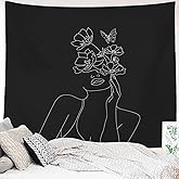 Miytal Art Line Aesthetic Black Tapestry, Simple Women with Flower Butterfly Wall Hanging, Modern Minimalist Abstract Creative Sketch Wall Décor for Dorm Bedroom Office – 51.2