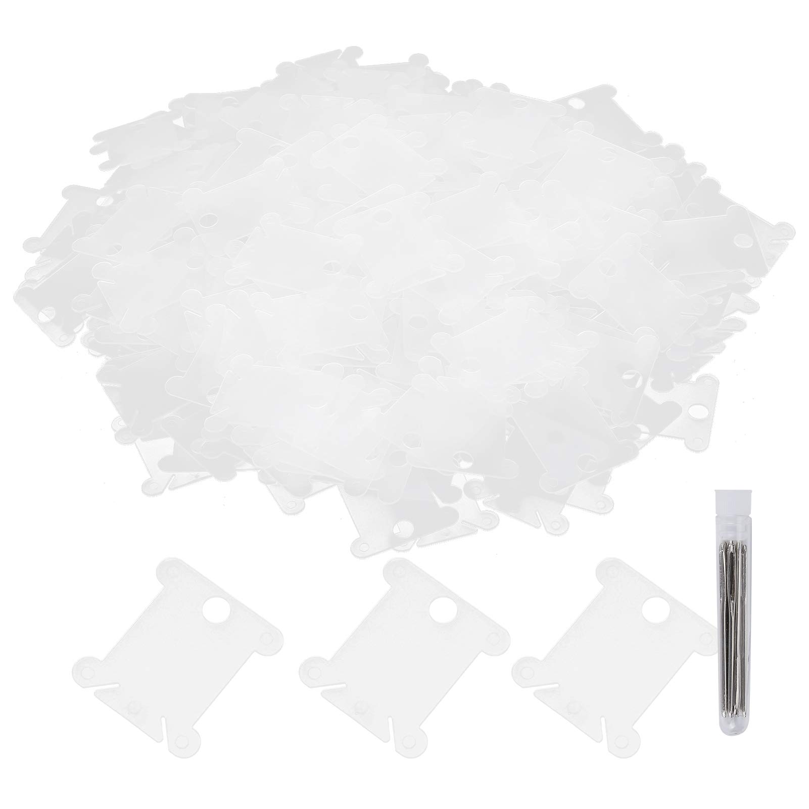 300 Pcs Floss Bobbin Card, Transparent Plastic Embroidery Sewing Winding Plate Cross Stitch Thread Holder Storage Tool with 12 Silver Blunt Big Eye Needle