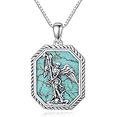 Natural Turquoise Archangel Saint Michael Necklace for Women 925 Sterling Silver Saint Michael Pendant Genuine Turquoise Saint Archangel Miracle Medal Necklace Religious Jewelry Gifts