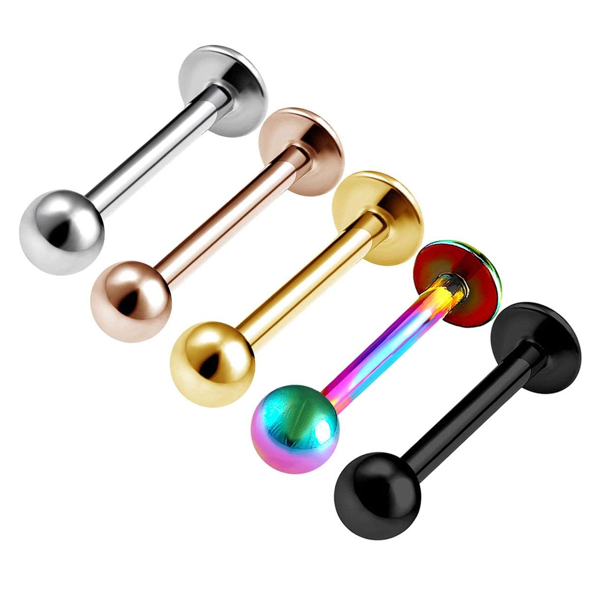 KJM FASHION 5PCS Stainless Steel Rose Black Labret Stud 16g 3/8 10mm 3mm Ball Vertical Labret Lip Earrings Medusa Piercing Jewellery 0166