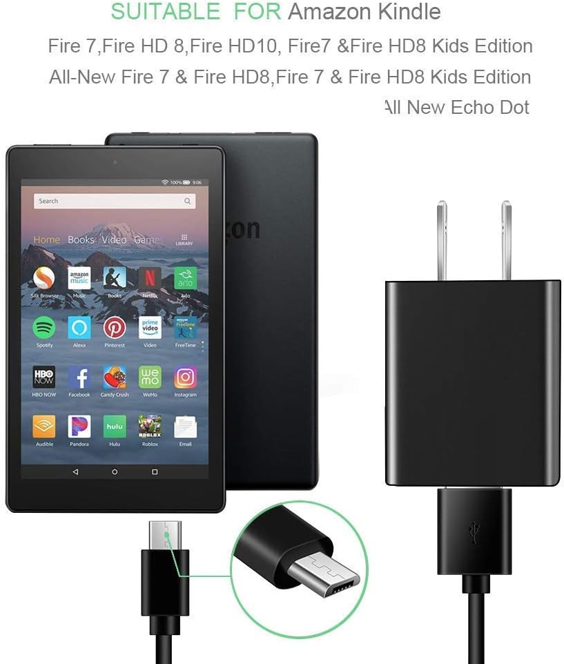 TAPLE Kindle Fire Charger, [UL Listed] AC Adapter Rapid Charger with 5 Ft Micro-USB Cable Compatible Kindle Fire HD, HDX 6" 7" 8.9" 9.7", Fire 7 8 10 Tablet and Phone, Tab Power Supply Cord: Electronics