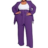 IyMoo Plus Size Suits for Women Business Open Front Long Sleeve Blazer Elastic Waist Solid Straight Leg Pant Set Suits