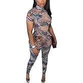 LXUAMR Sexy Jumpsuits for Women See Through Mesh Print Backless Bodycon Club Jumpsuit
