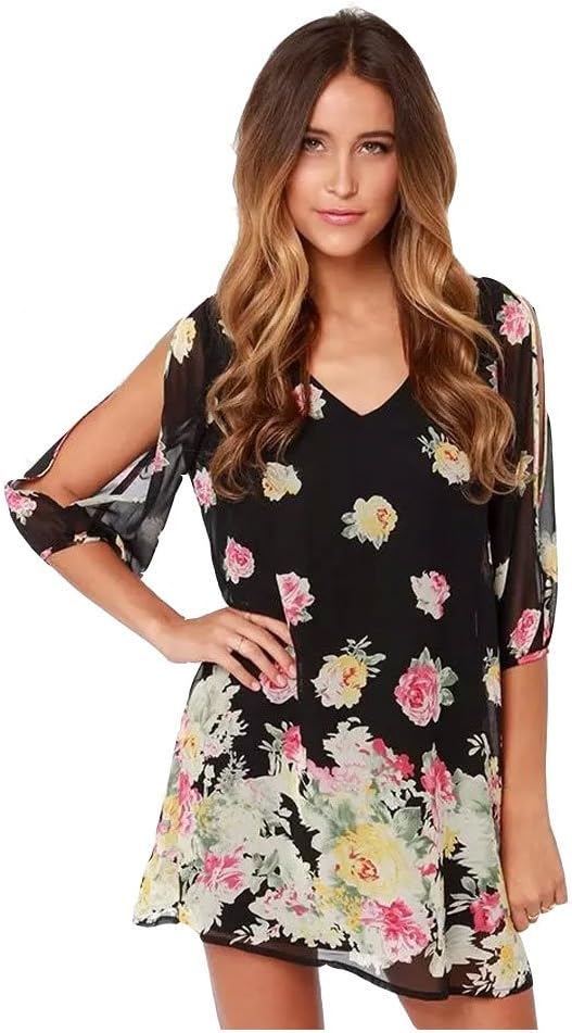 Mamamooshop Blouse Women Mini Loose Straight Dress with Off Shoulder Vestido(Size XL)