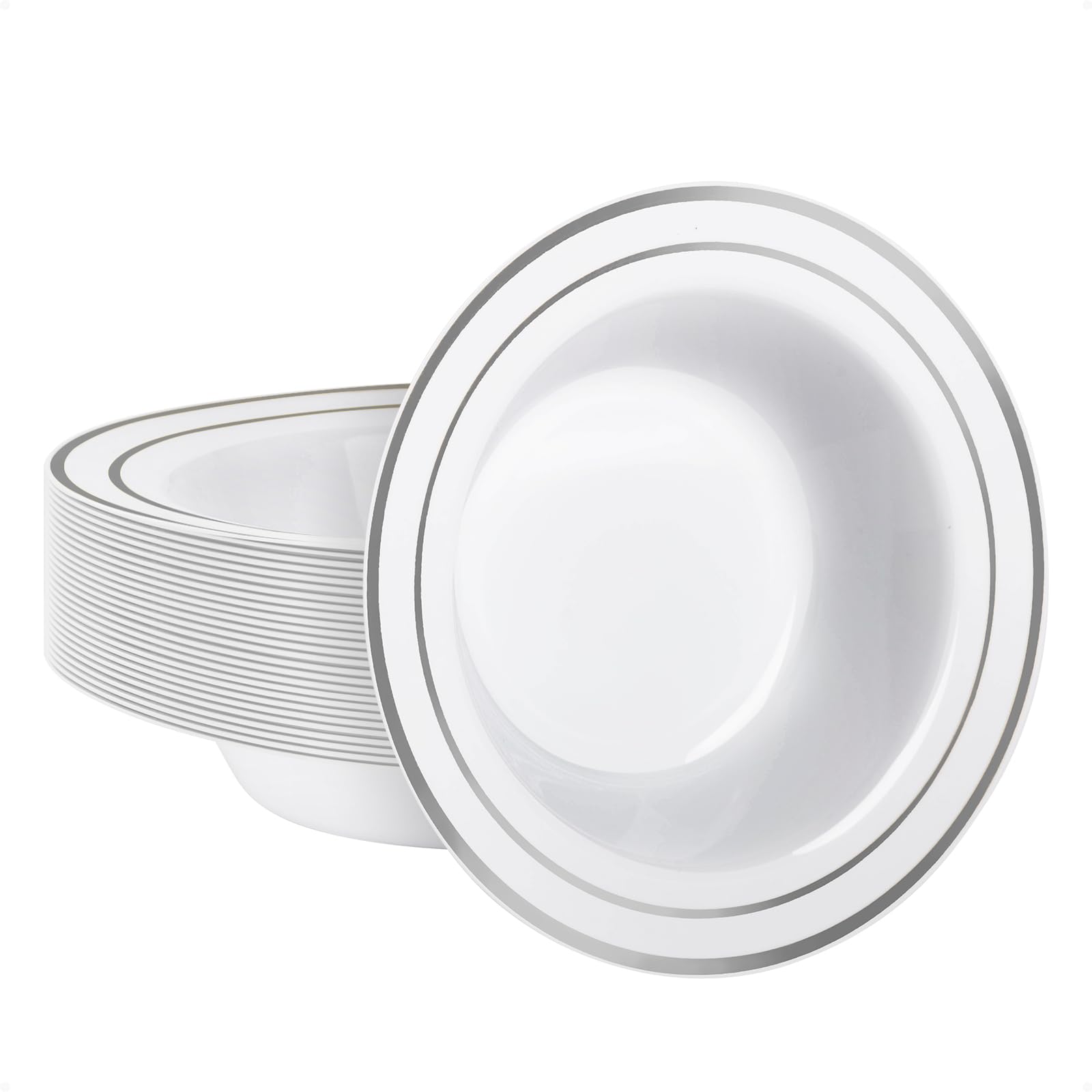 Photo 1 of Goodluck 25 Pack Plastic Bowls with Silver Rim, 12oz Disposable Soup Bowls for Weddings, Parties, Dinners, Catering, and Everyday Use