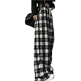 Womens Casual Plaid Baggy Pants High Waisted Goth Grunge Pant Y2K Clothes Drawstring Pants Streetwear