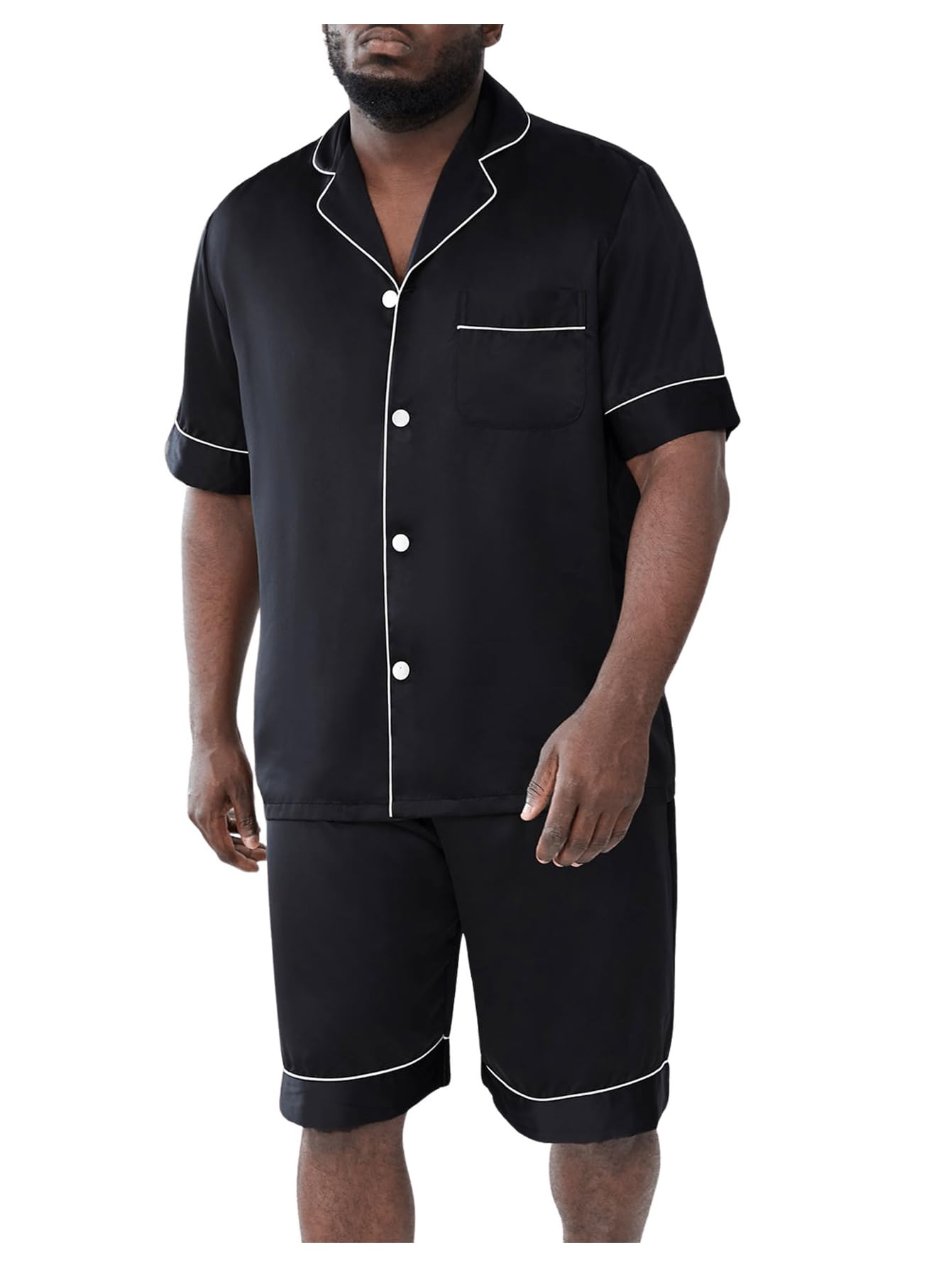 Photo 1 of WDIRARA Men's Satin Pajamas Short Sleeve Button Up Top and Shorts Pj Lounge Set Black 6XL