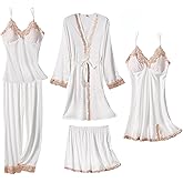 SAPJON Womens Pajama Sets 5PCS Silk Pajamas for women Cute Sleepwear Loungewear Satin Pajamas Sets for Women Soft