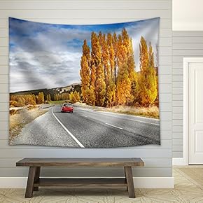 Autumn Landscape with Road and Red Car, New Zealand - Fabric Wall Tapestry Home Decor - 51x60 inches