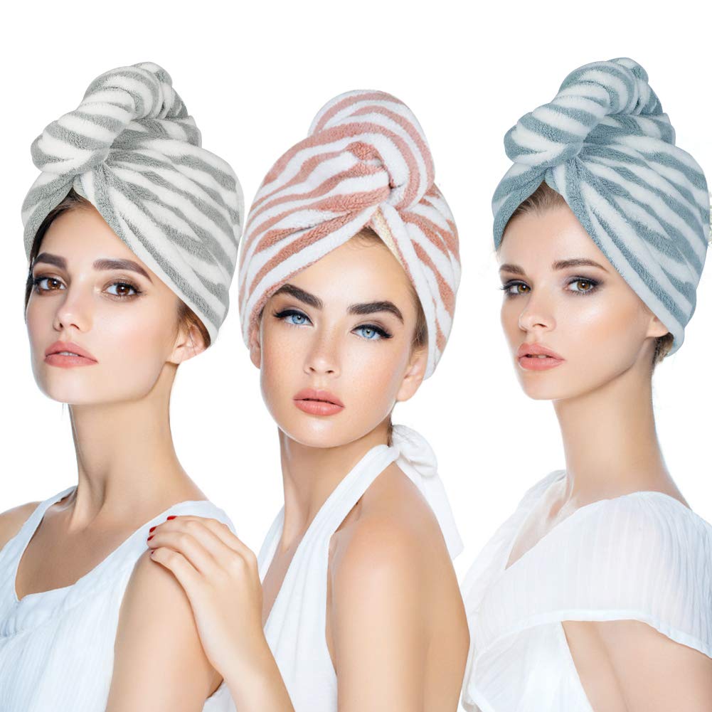 3 Pack Microfiber Hair Towel Wrap Turban for Women, Super Absorbent Quick Dry Bath Shower Dry Head Turban with Buttons, Dry Hair Hat, Bath Hair Cap, Fast Drying & Never Falls off