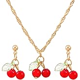 GIGB PBDK Red Crystal Cherry Fruit Earring Pendant Necklace for Women,Creative Cute Tropical Fruit Cherry Choker Sweet Shining Green Leaf Ruby Red Cherry Stud Earrings