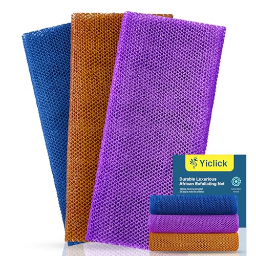 Yiclick Exfoliating African Net Sponge - Exfoliating Body Scrubber Exfoliator, Exfoliating Washcloth Towel, Exfoliate Rags Wash Cloth Loofah Sponge for Body Scrub, Back Scrubber (Purple+Browm+Blue)