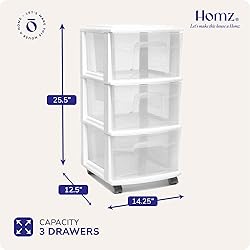 HOMZ Drawer Tower, 3-Tier Clear Plastic Storage