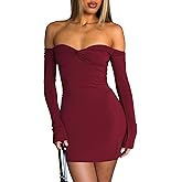 ZREQV Women's Sexy Off The Shoulder Dresses Bodycon Long Sleeve Backless Slim Fit Elegant Going Out Club Party Mini Dress
