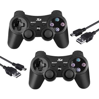 PS3 Controller Wireless Joystick Game Controller 2 Pack with Dual Shock and Free Charger Cable Compatible with Playstation 3 PS3 BlackBlack