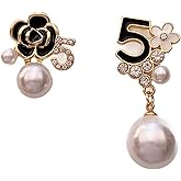IvoryHaid Camellia Earrings Faux Pearl Black Floral Dangle Earrings, No. 5 Camellia Drop Studs, Vintage Elegant Jewelry for Women, Daily & Party Wear