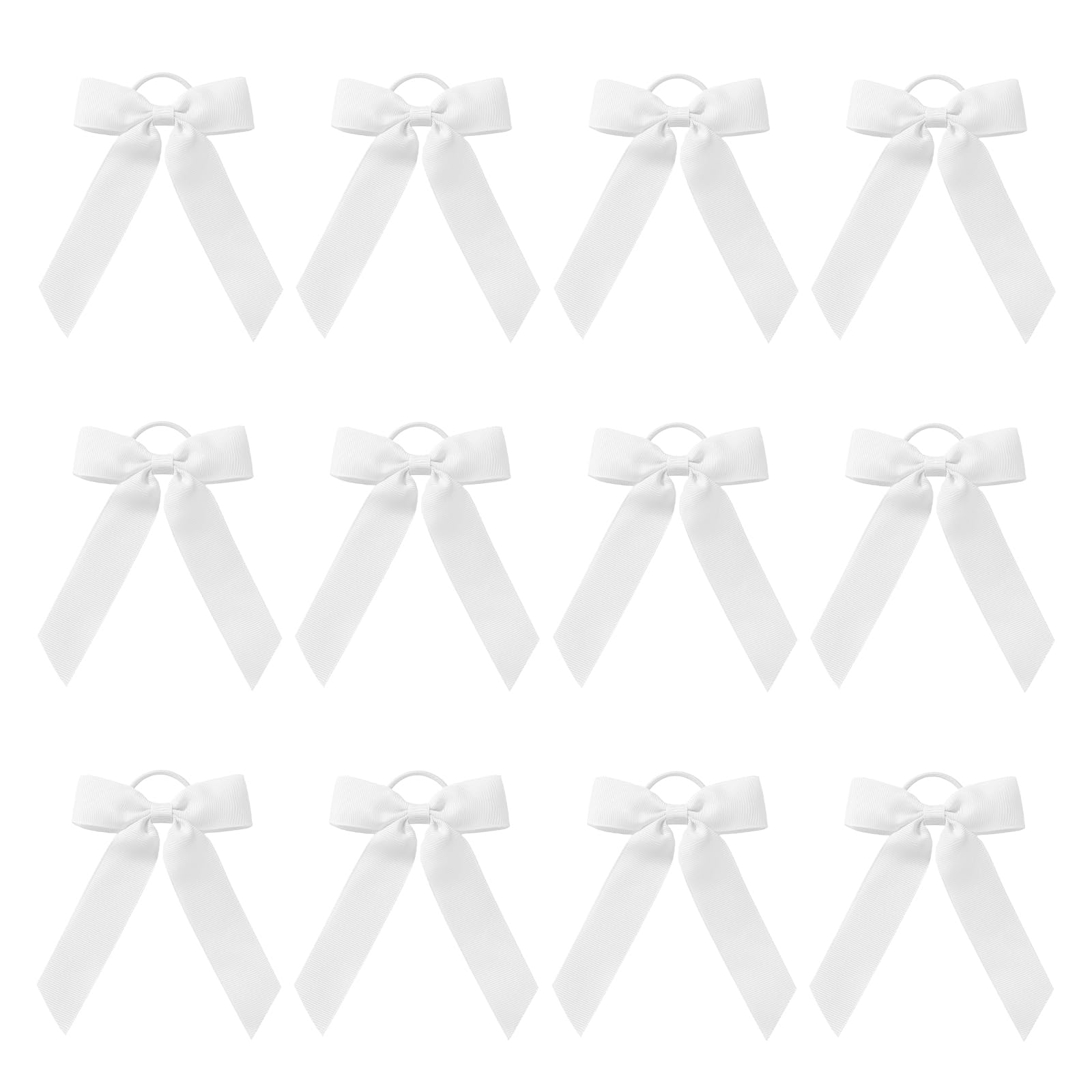 12pcs Collegiate Style Ponytail Holder Hair Bows, Long Tail Hair Ribbon Bows Cheer Bows Ribbon Bow Scrunchies Hair Bow Bands for Women Girls Cheerleading Sports Hair Accessories (White)