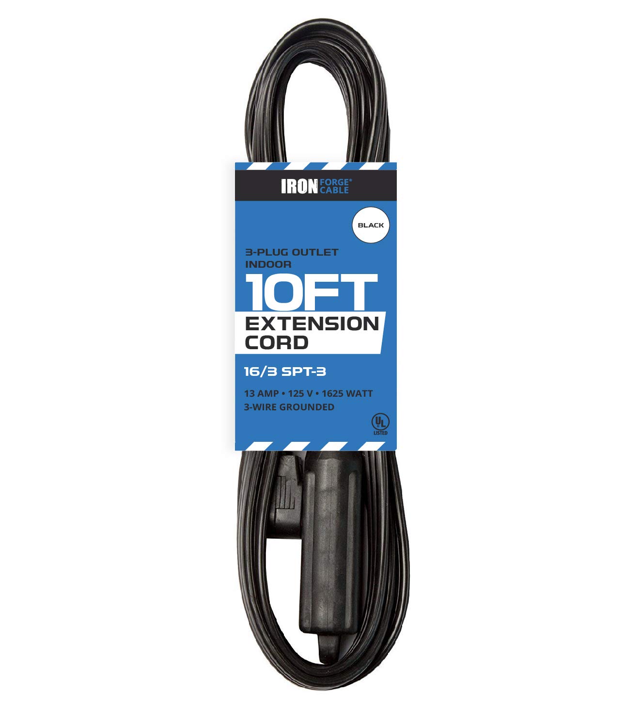 10 Ft Extension Cord with 3 Electrical Power Outlet - 16/3 Durable Black Cable
