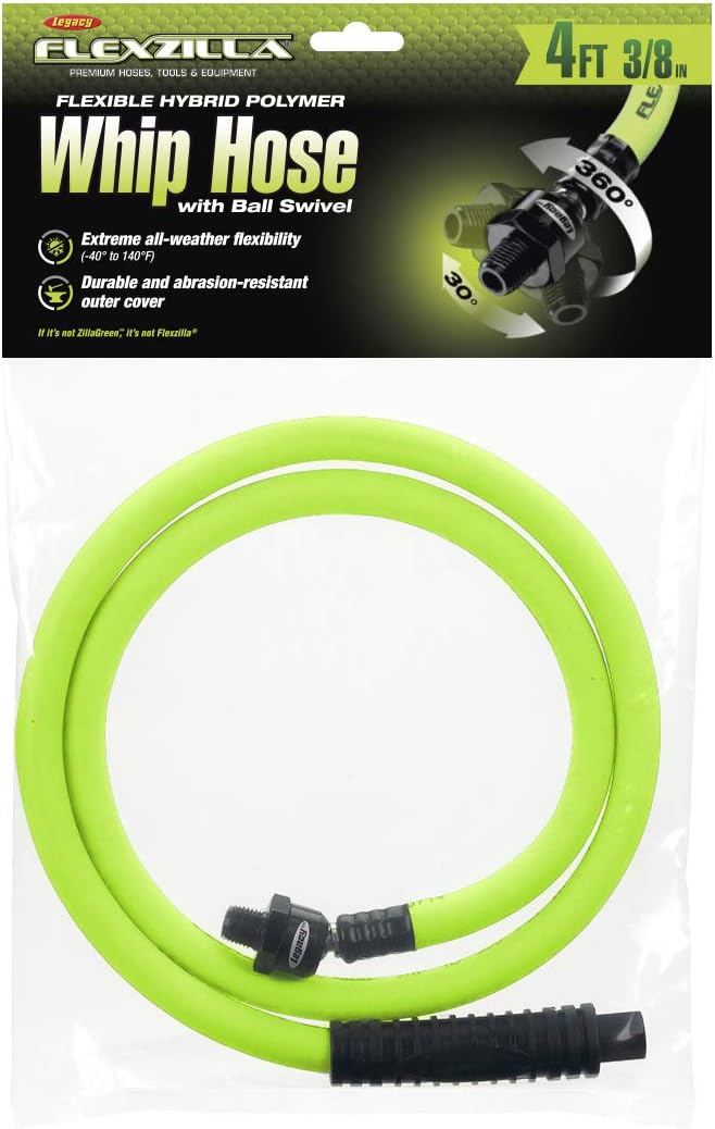 Flexzilla Ball Swivel Whip Air Hose, 3/8 in. x 4 ft. (1/4 in. MNPT Ball Swivel x 1/4 in. FNPT Ends), Heavy Duty, Lightweight, Hybrid, ZillaGreen - HFZ3804YW2B: Automotive