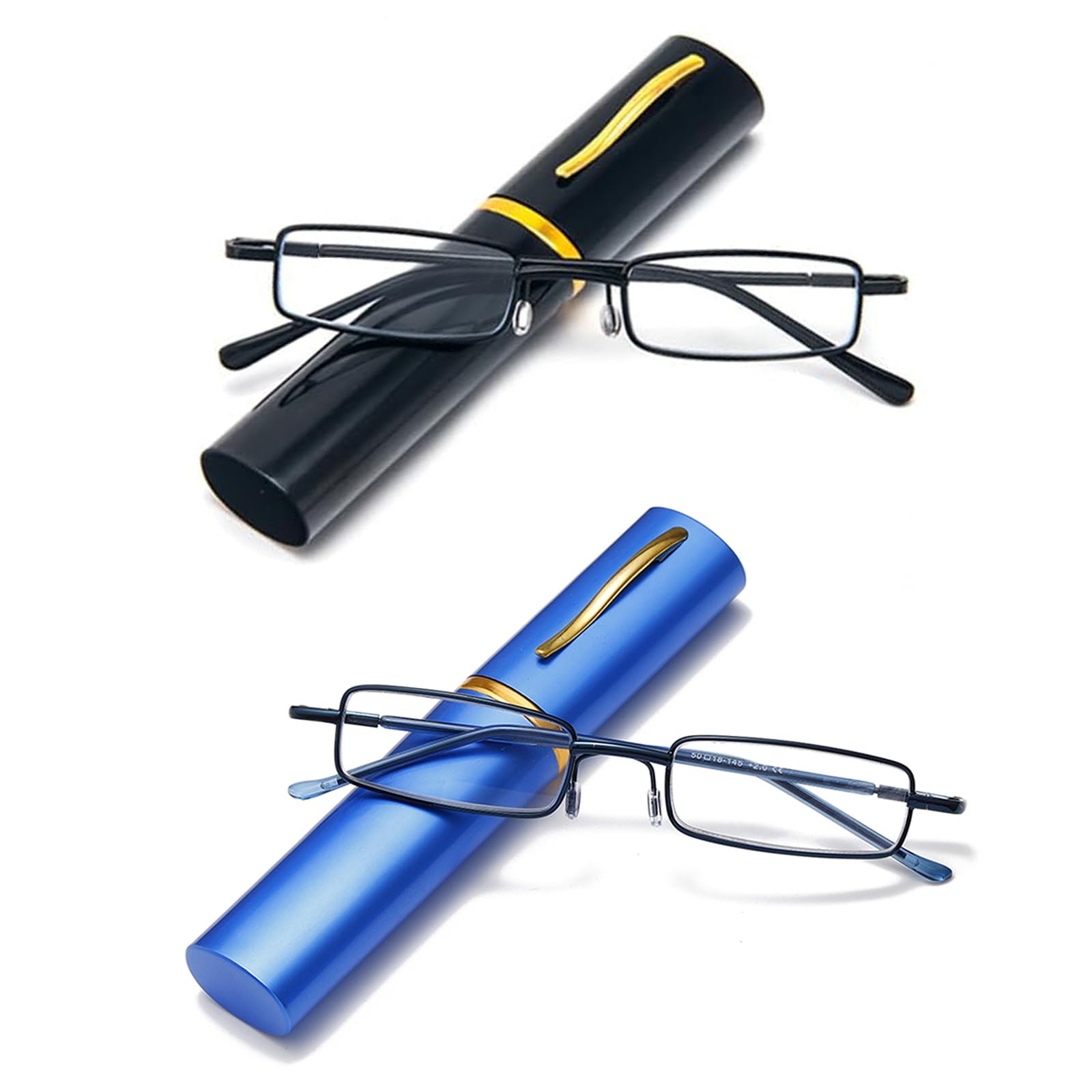 Hubeye 2 Pairs Slim Portable Reading Glasses for Men Women Metal Pocket Readers Glasses Lightweight Compact Blue Light Blocking Glasses in Tube Case 2.50