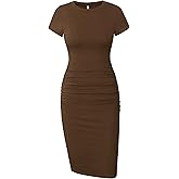 Missufe Women's Short Sleeve Ruched Casual Sundress Midi Bodycon T Shirt Dress