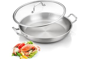 DELARLO Paella Pan 14 Inch Tri-Ply Stainless Steel Paella Pan with Lid, Jumbo Frying Pan, kitchen Induction Large Skillets,Gr