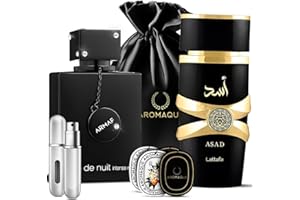 AROMAQUE Men's Bundle Armaf Club De Nuit Intense Man & Lattafa ASAD 3.4OZ Each Eau De Perfume With 1 Empty Refillable Bottle, 4 Scented Cards & Black Satin Bag