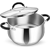 P&P CHEF Stainless Steel Stock Pot, 6 Qt Cooking Soup Pot with Visible Lid for Pasta, Tri-Ply Bottom & Dual Heatproof Handles, For Induction Gas All Stoves, Non-Toxic & Dishwasher Safe