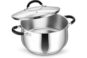 P&P CHEF Stainless Steel Stock Pot, 6 Qt Cooking Soup Pot with Visible Lid for Pasta, Tri-Ply Bottom & Dual Heatproof Handles