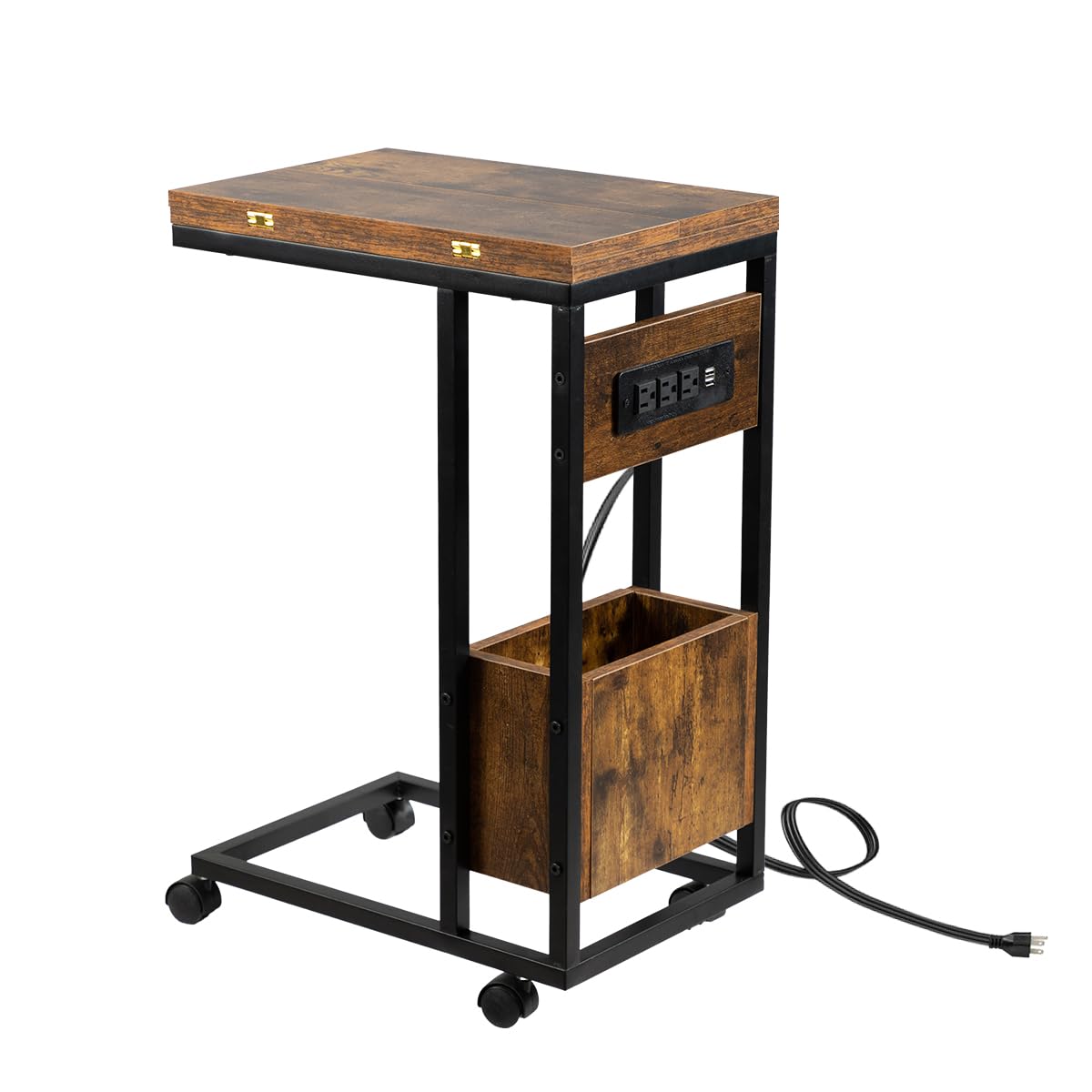 Photo 1 of Hadulcet C Table End Table with Charging Station, Folding C Table, Rolling Tray Table TV Trays, C Shaped Overbed Table, Small Side Table for Small Spaces, Rustic Brown