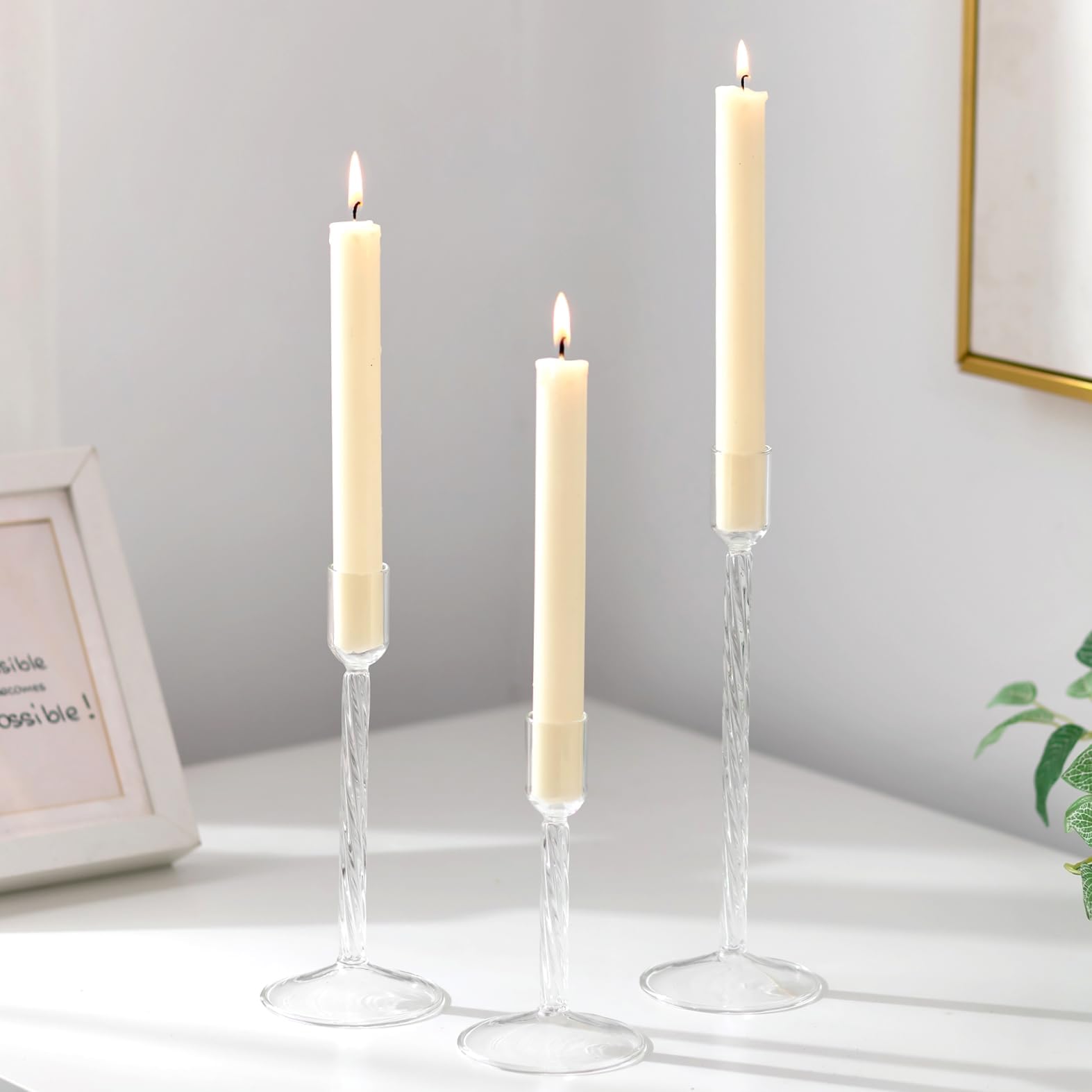 Glasseam Glass Candle Sticks Holder Tall: Taper Candle Holder Set of 3 Decorative Candlesticks Clear Candle Holders for Living Room Modern Candlestick Holders for Home Wedding Centrepiece Decoration