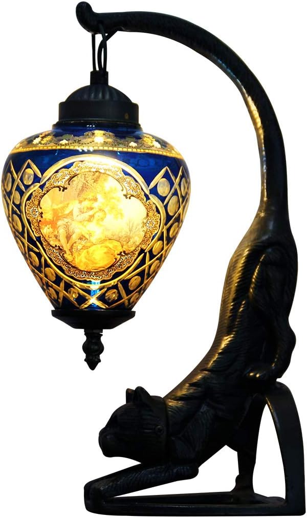 Makenier Western Vintage French Court Style People Pattern Engraved Glass 5.5-inch Globe-Shaped Lampshade Table Lamp (Blue)