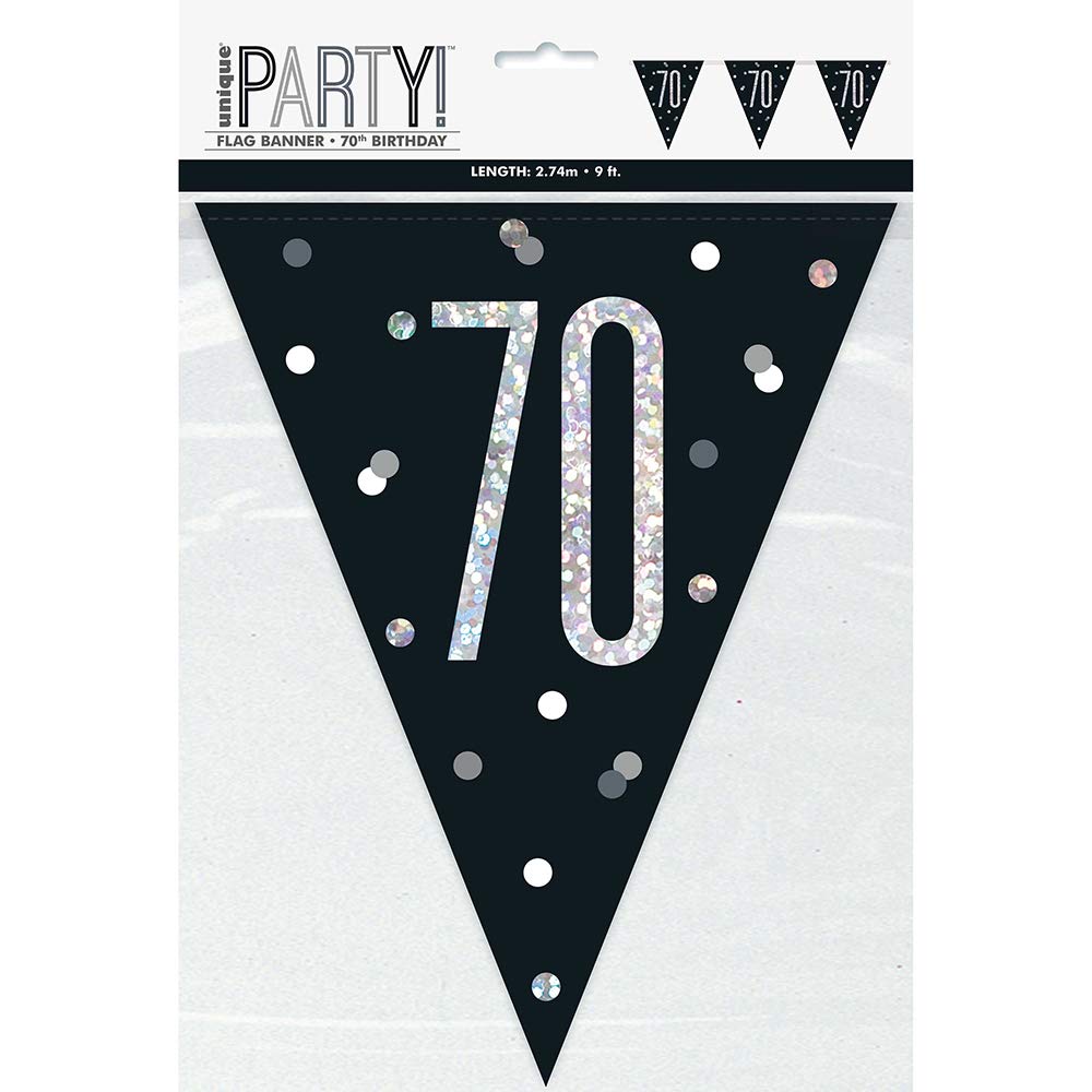 Stunning 70th Glitz Black & Silver Prismatic Plastic Flag Banner (274cm) - Elegant Decor for Memorable Celebration - 1 Pc