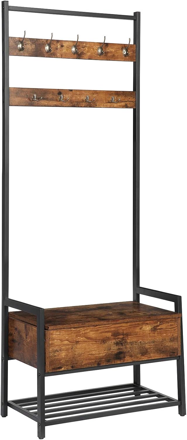 hoobro shoe rack on Furniture Hall Tree Entryway Organizer Storage Bench Free Standing Wood Accent With Metal Hooks And Frame Rustic Brown Industrial Design Easy Assembly Hoobro Coat Rack With Storage Cabinet Home Kitchen Becommerceth Com