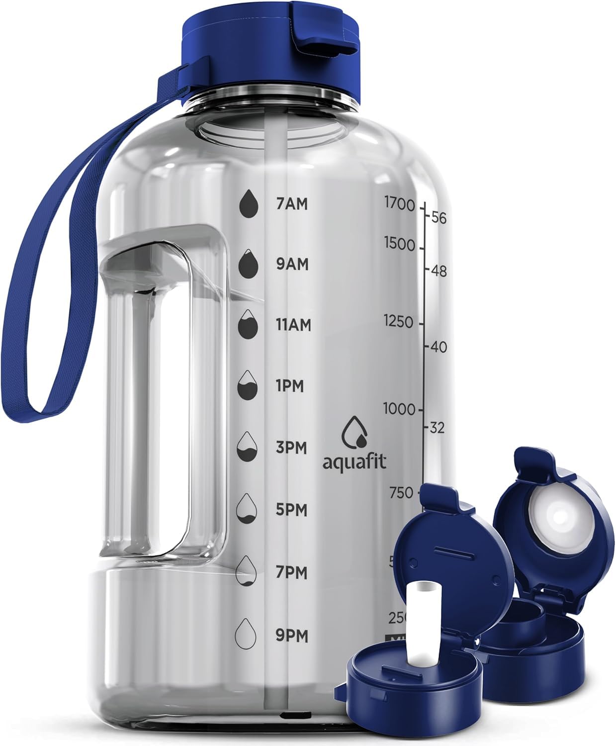 AQUAFIT 2 Litre Water Bottle with Straw - Water Bottles 2L with Time Marker - Half Gallon Big Bottle with Straw - Large Bottle For Gym - Clear, 2 Lids โ image 1