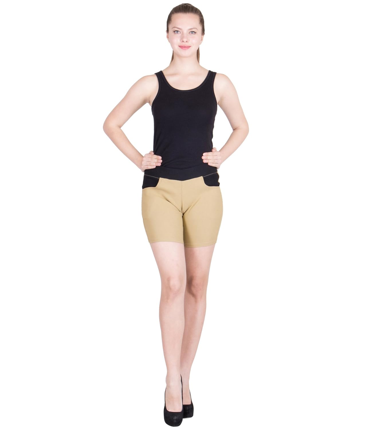 american-elm beige cotton lycra shorts for women