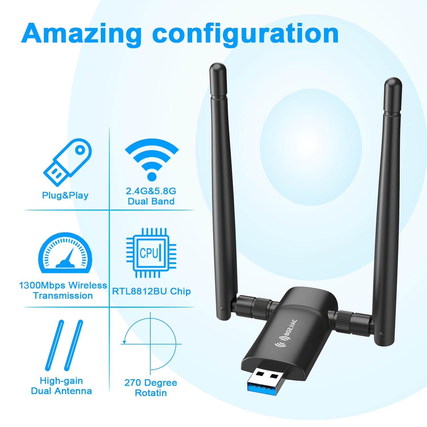 Wireless USB WiFi Adapter for PC - Nineplus 1300Mbps Dual 5Dbi Antennas 5G/2.4G WiFi Adapter for Desktop PC Laptop Windows11/10/8/7/Vista/XP, Wireless Adapters for Desktop Computer Network Adapters