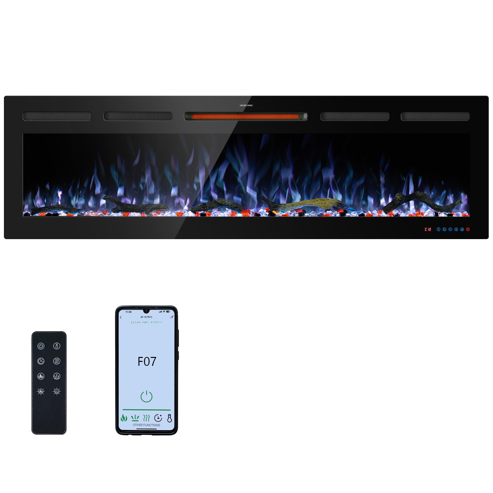 Photo 1 of ***It's in poor condition and is missing a part; it's unknown if it works 100%*****Kentsky 60" APP Electric Fireplace, Wall Mounted & Insert Electric Fireplace, Adjustable Flame Colors, 5 Brightness, 0-8H Timer, Thermostat, 750w/1500w, Balck