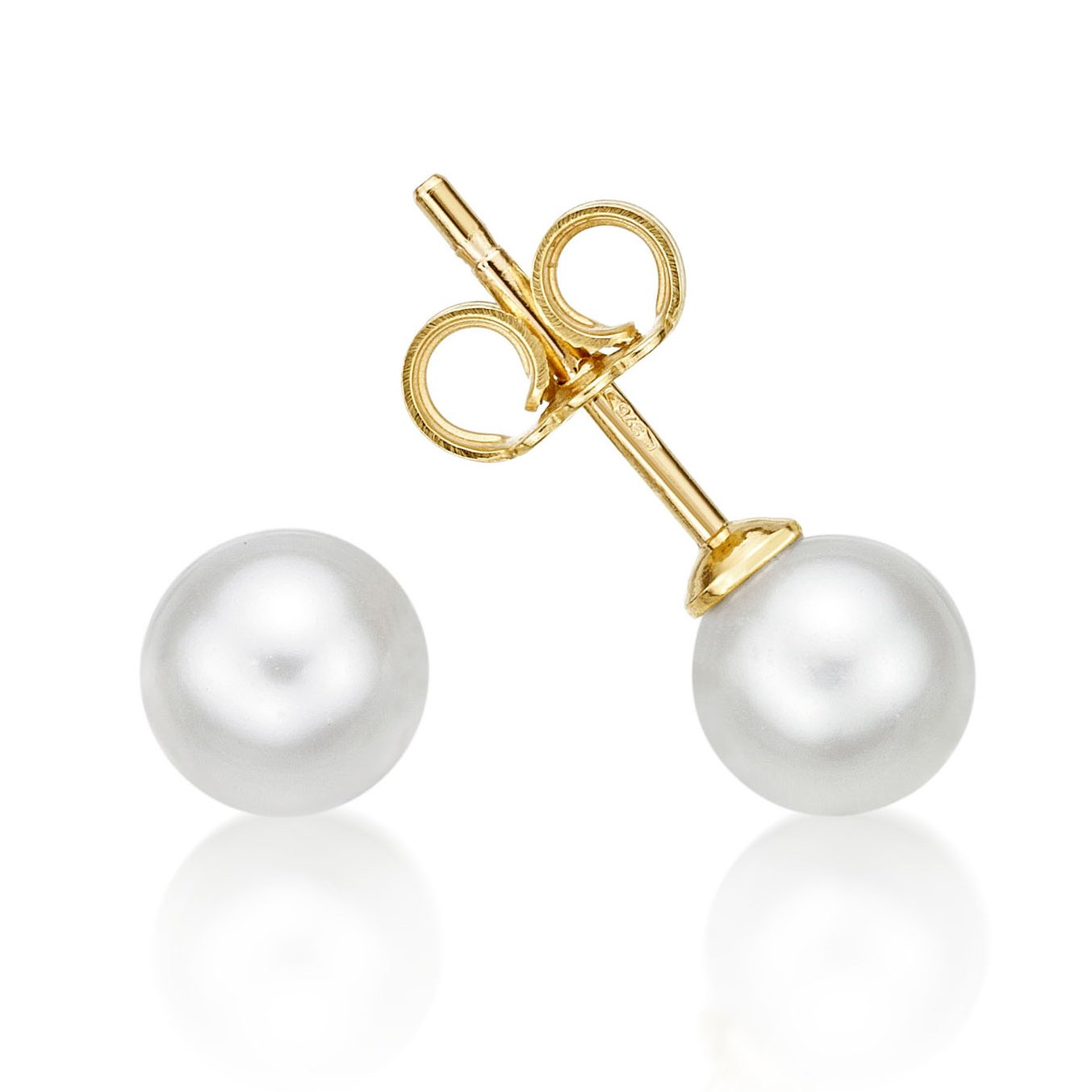 Freshwater Pearl Earrings with 7mm Real Lustrous Round White Freshwater Pearls set in Luxurious 9K Yellow Gold. These Gold Pearl Stud Earrings are a Lovely Gift for Women.