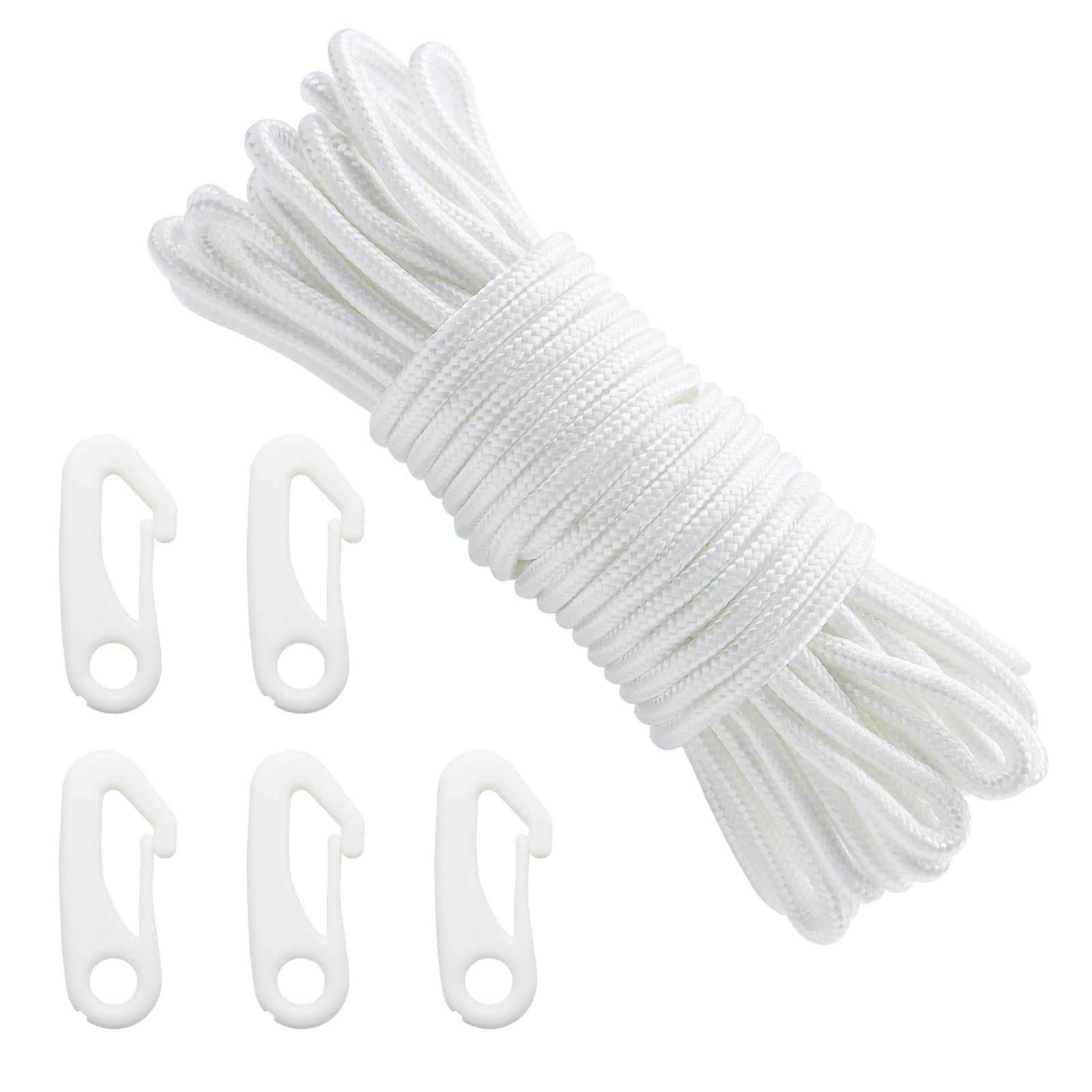 CONNECTION 20M Flag Pole Rope with 5 Pcs Flag Pole Clips 6mm Nylon Flag Rope Flagpole Rope Flag Pole Halyard Rope Plastic Hook Clips for Flagpole,Garden,Camping,Outdoor,Clothesline,Swing (White)