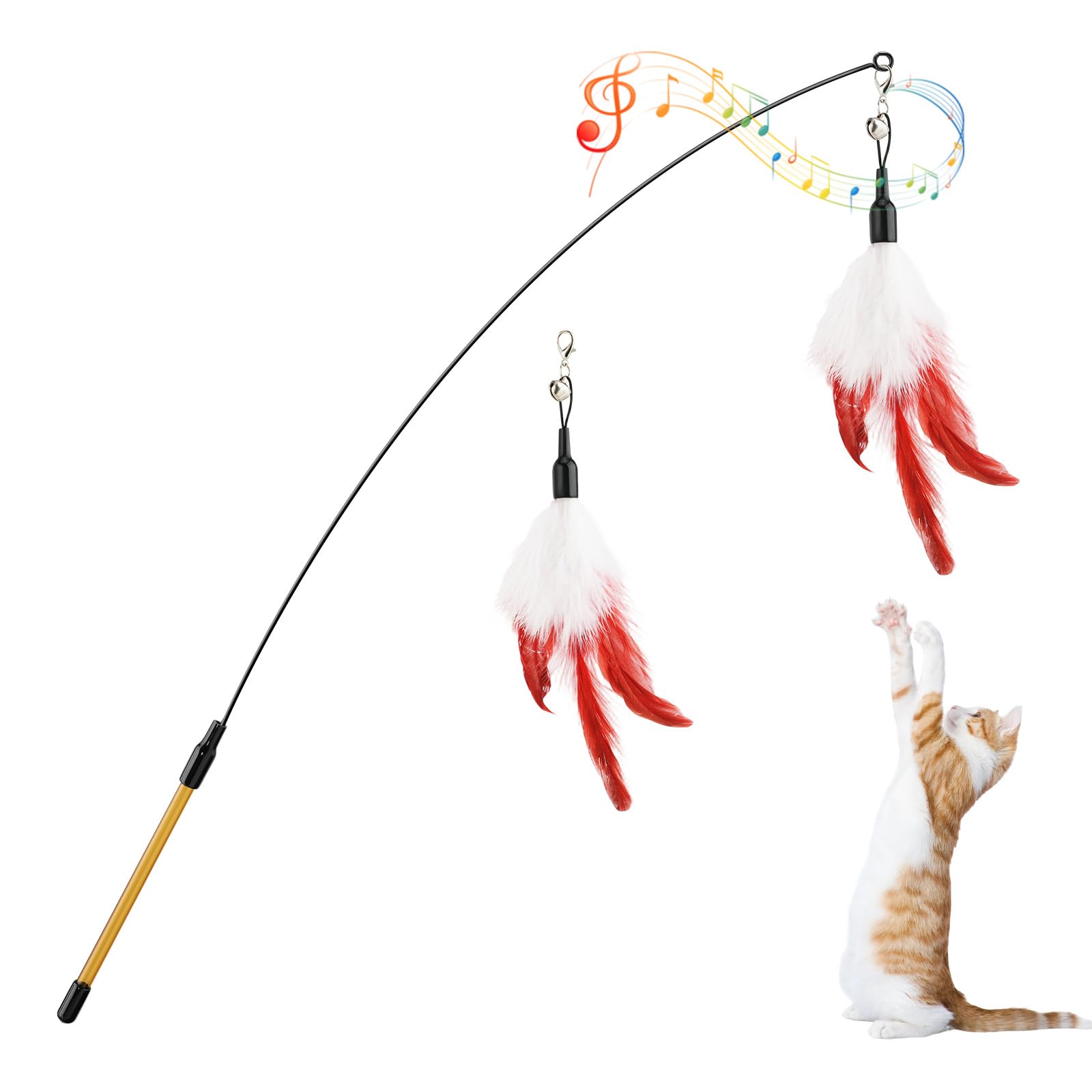 Pawaboo Cat Game Duster, Fishing Rod with Extra Large 88cm Wand and Small Bell, Cat Kitten Duster Toy, Chaser Wire Toy Stick, Wine Red and White Feather
