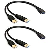 ALINNA Black USB 3.0 Female to Dual USB Male Extra Power Data Y Extension Cable Splitter Adapter for 2.5" Mobile Hard Disk(2 Pack)