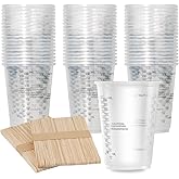 Oillase 100pcs 8oz Graduated Clear Plastic Measuring Cups with 100pcs Wooden Stirring Sticks for Mixing Paint, Pigments, Epox