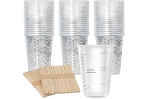 Oillase 100pcs 8oz Graduated Clear Plastic Measuring Cups with 100pcs Wooden Stirring Sticks for Mixing Paint, Pigments, Epox