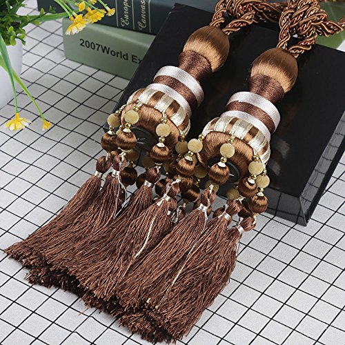KISENG 1 Pair Beaded Tassels Curtain Tiebacks Rope Holdbacks for Bedroom (G Light Brown)