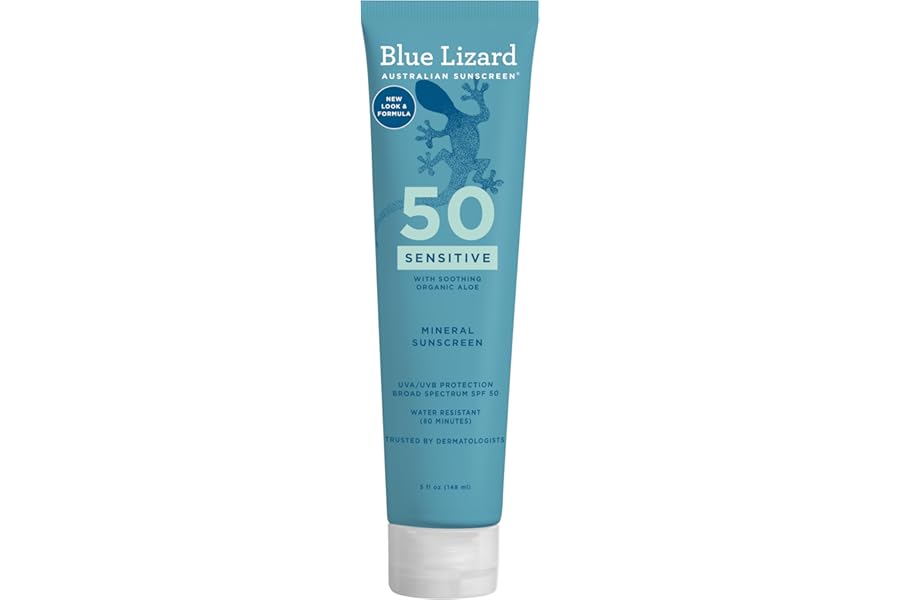 BLUE LIZARD Sensitive Mineral Sunscreen with Zinc Oxide 50+ Water Resistant UVAUVB Protection with Smart Cap Technology Fragrance Free, Sensitve, SPF 50 – – Tube, Unscented, 5 Fl Oz